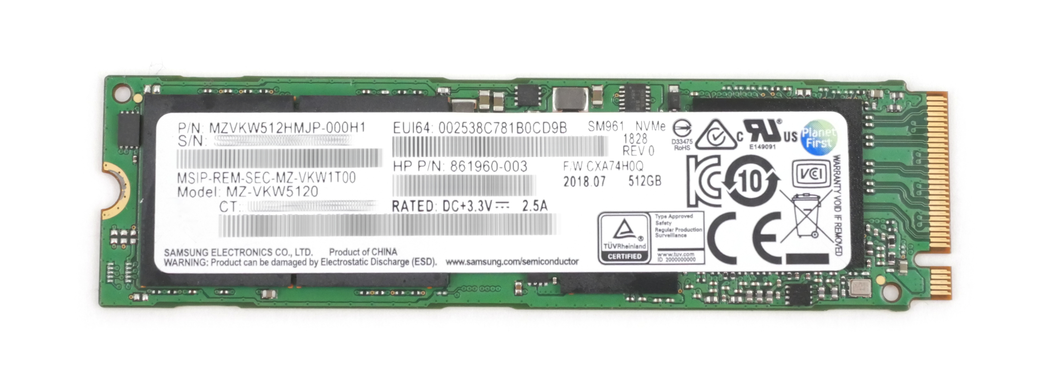 HP 512GB MZ-VKW5120 SSD M.2 PCI-E NVMe MZVKW512HMJP-000H1 861960-003 814803-001