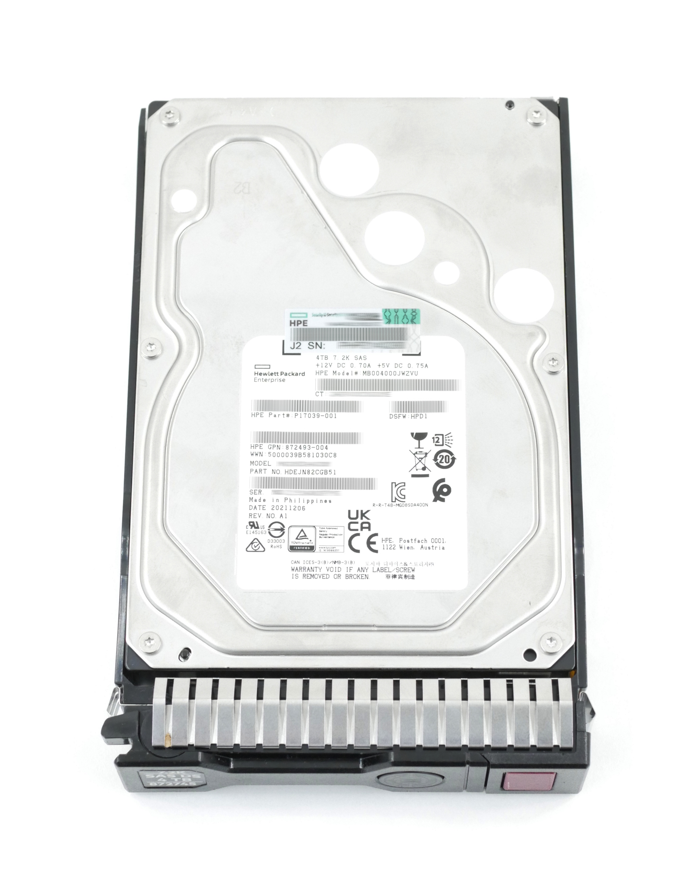 HPE 4TB MB004000JWZVU 7200 RPM SAS 12Gb/s 3.5" P17039-001 872745-001 872487-B21