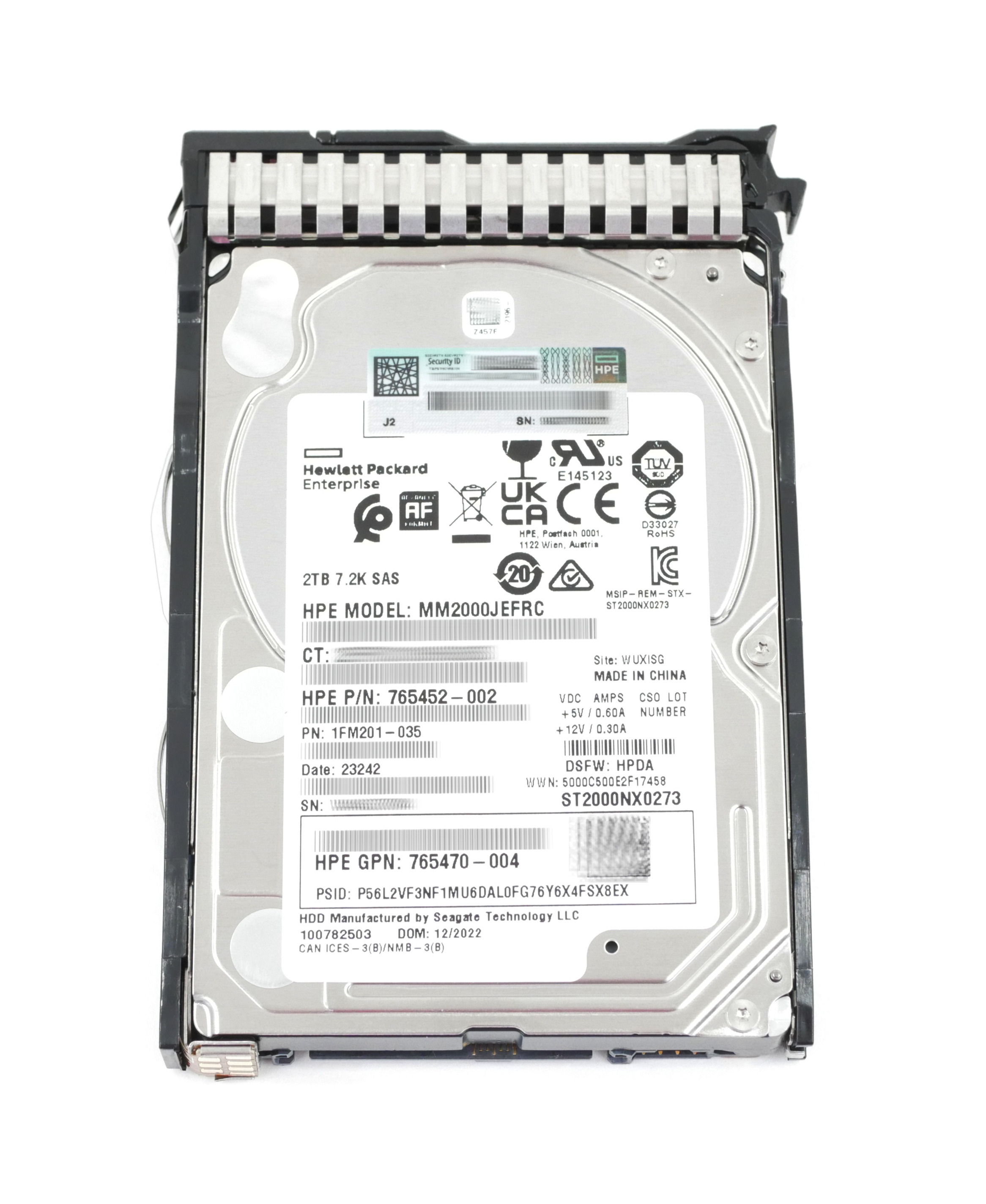 HPE 2TB MM2000JEFRC HDD SAS 2.5" 765452-002 765470-004 765873-001 765455-B21