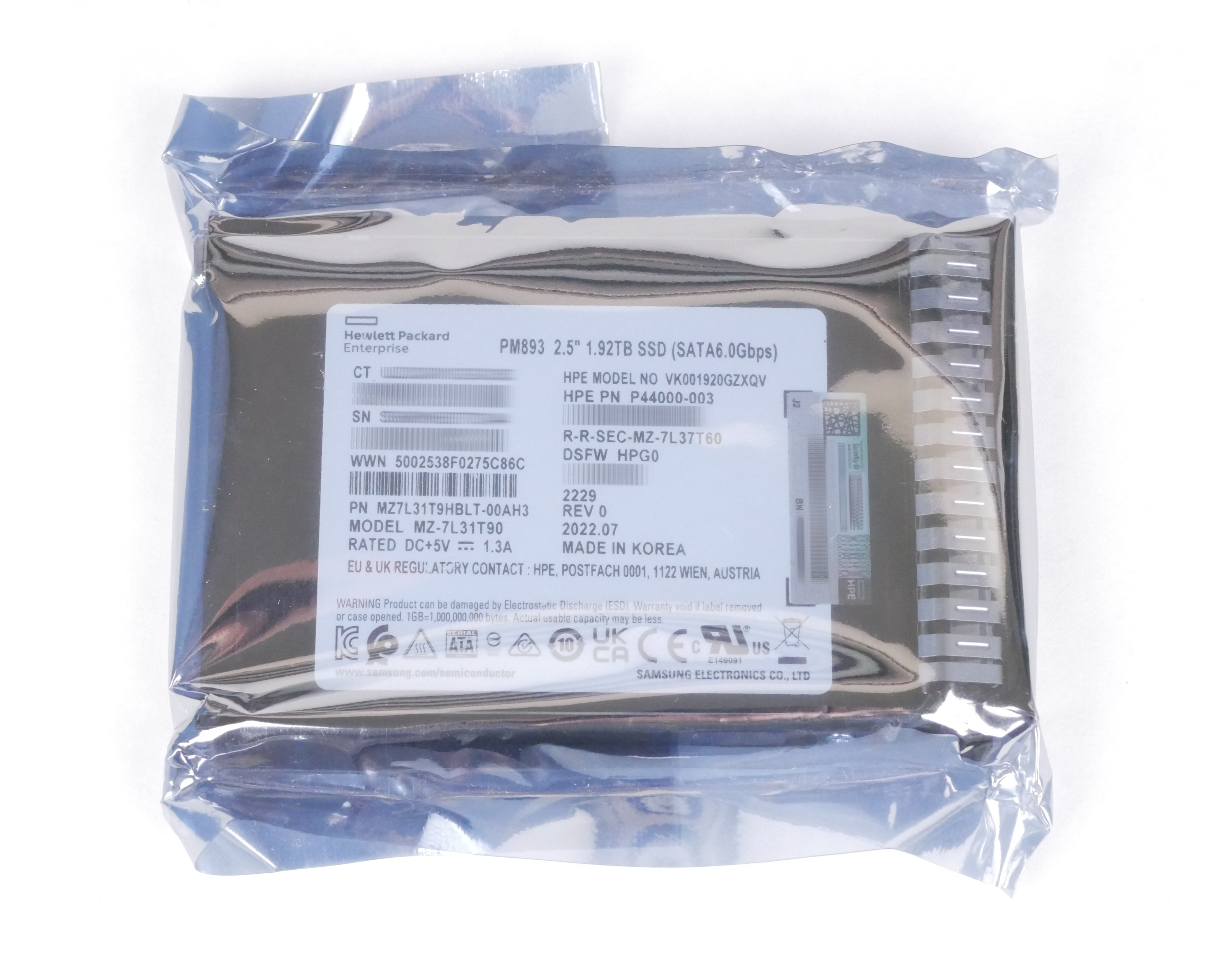 HPE 1.92TB MZ-7L31T90 VK001920GZXQV PM893 2.5" SATA 6.0Gbs P44000-003 P18484-001