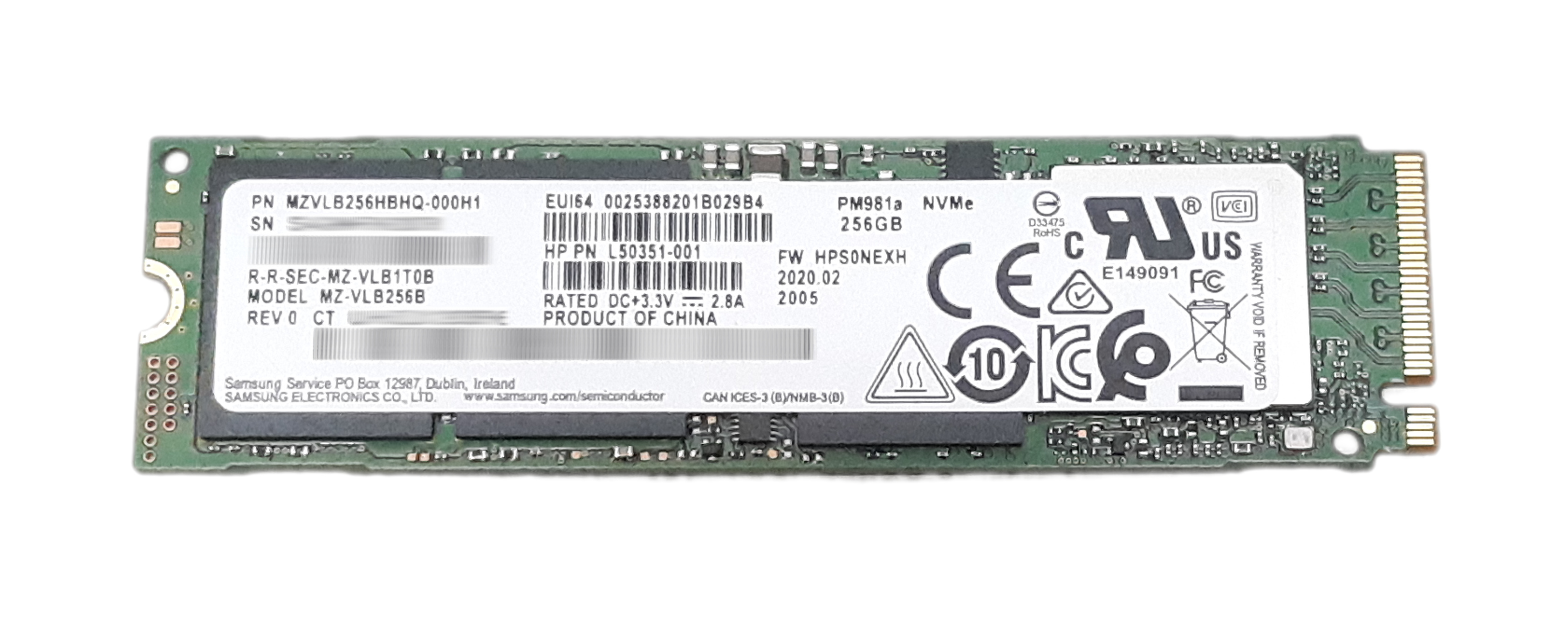 HP Samsung 256Gb MZVLB256HBHQ-000H1 PM981a NVMe PCIe M.2 SSD L50351-001 L69251-001