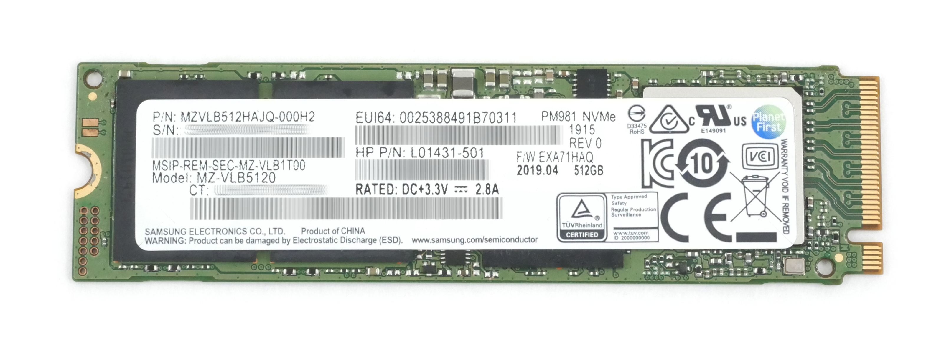 HP Samsung 512GB MZ-VLB5120 SSD M.2 PCI-e x4 NVMe L01431-501 907580-001