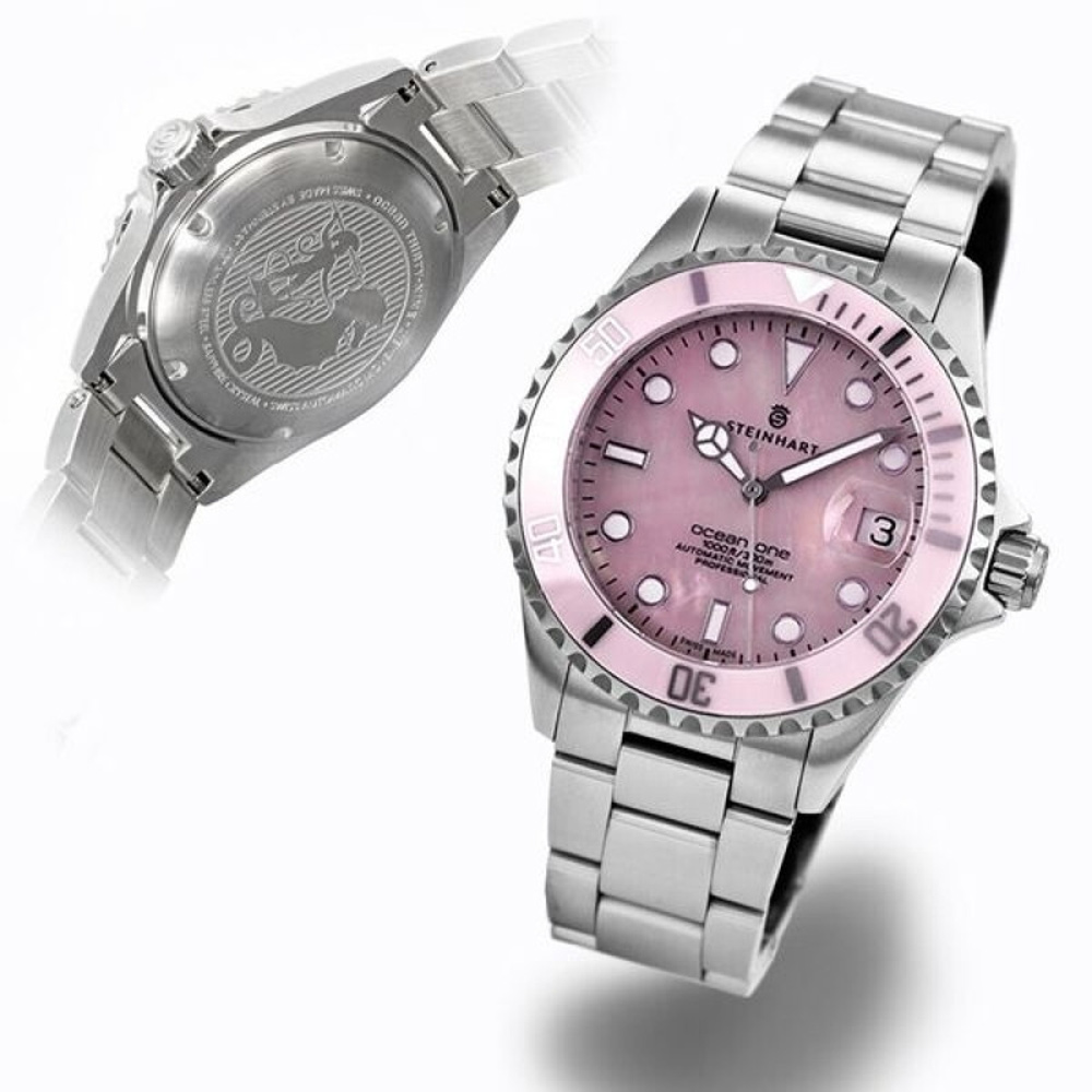 Steinhart Ocean One 39 Ladies Pink Pearl Ceramic Women's Diver Watch 39mm 103-0723