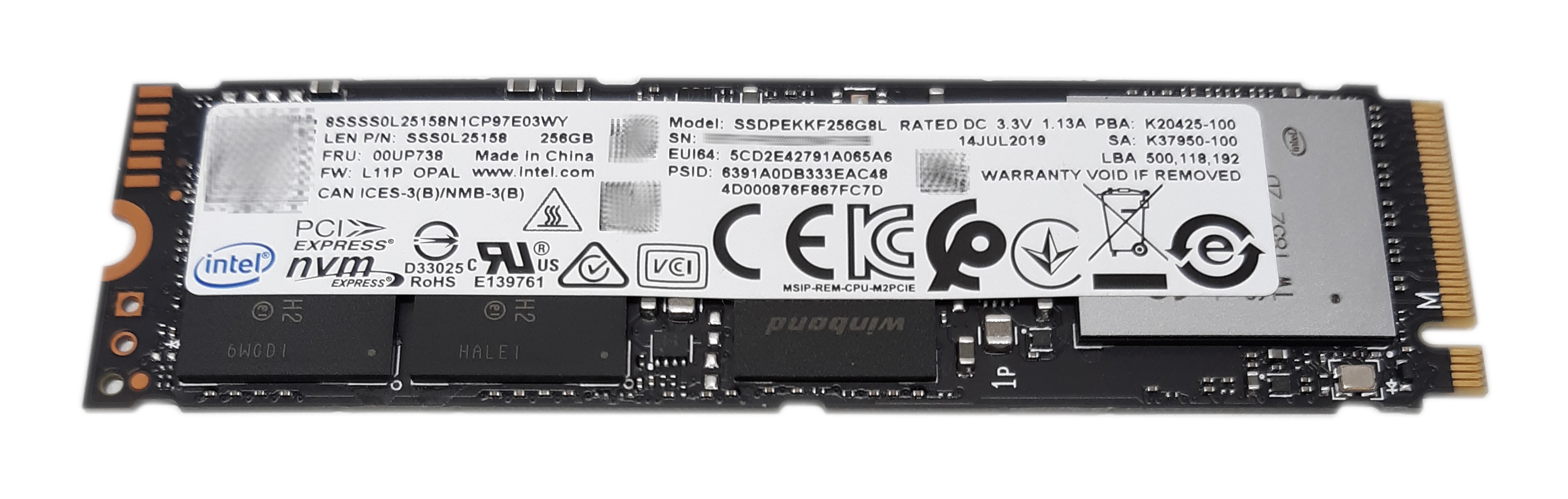 Lenovo Intel 256GB SSDPEKKF256G8L SSD M.2 PCIe NVMe 00UP738