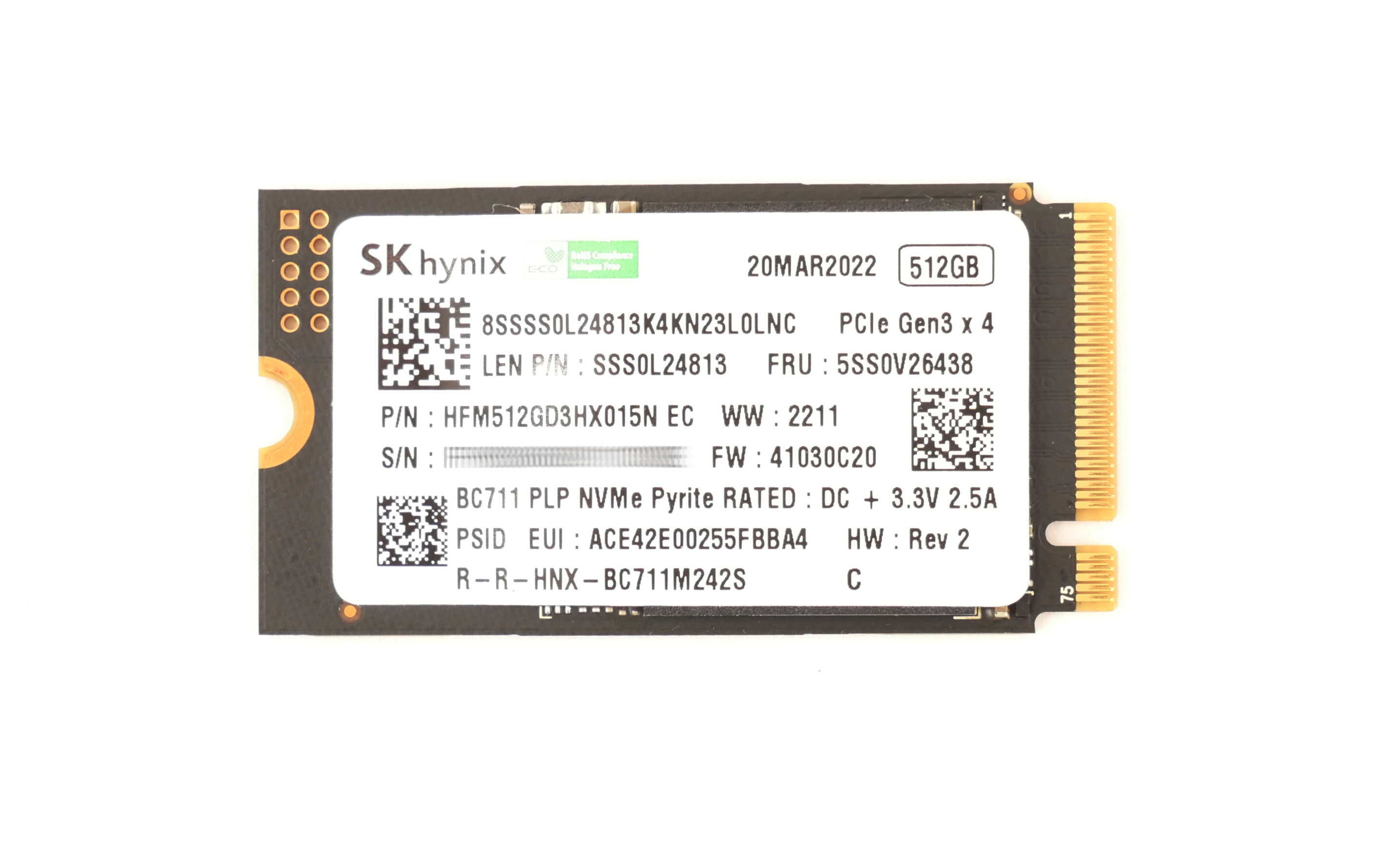 Lenovo Hynix BC711 512GB HFM512GD3HX015N SSD M.2 PCIe GEn3 x4 NVMe 5SS0V26438