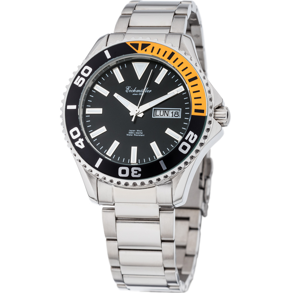 Eichmuller German Diver Men's Watch Stainless Steel Strap 20 ATM Black/Orange Dial 41mm 3470-01