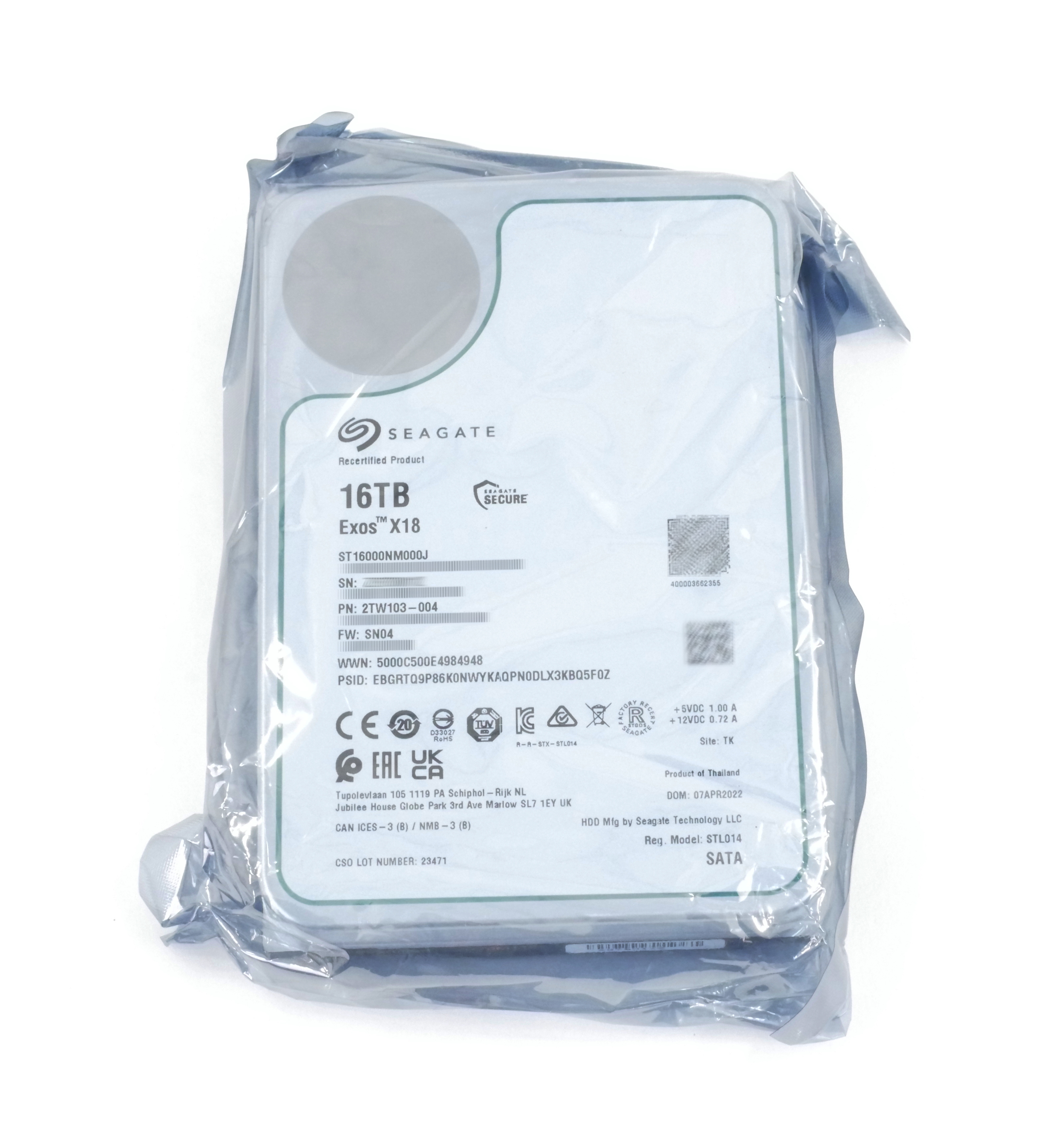 Seagate Exos X18 Enterprise 16TB ST16000NM000J 7.2K RPM SATA 3.5" 2TW103-004