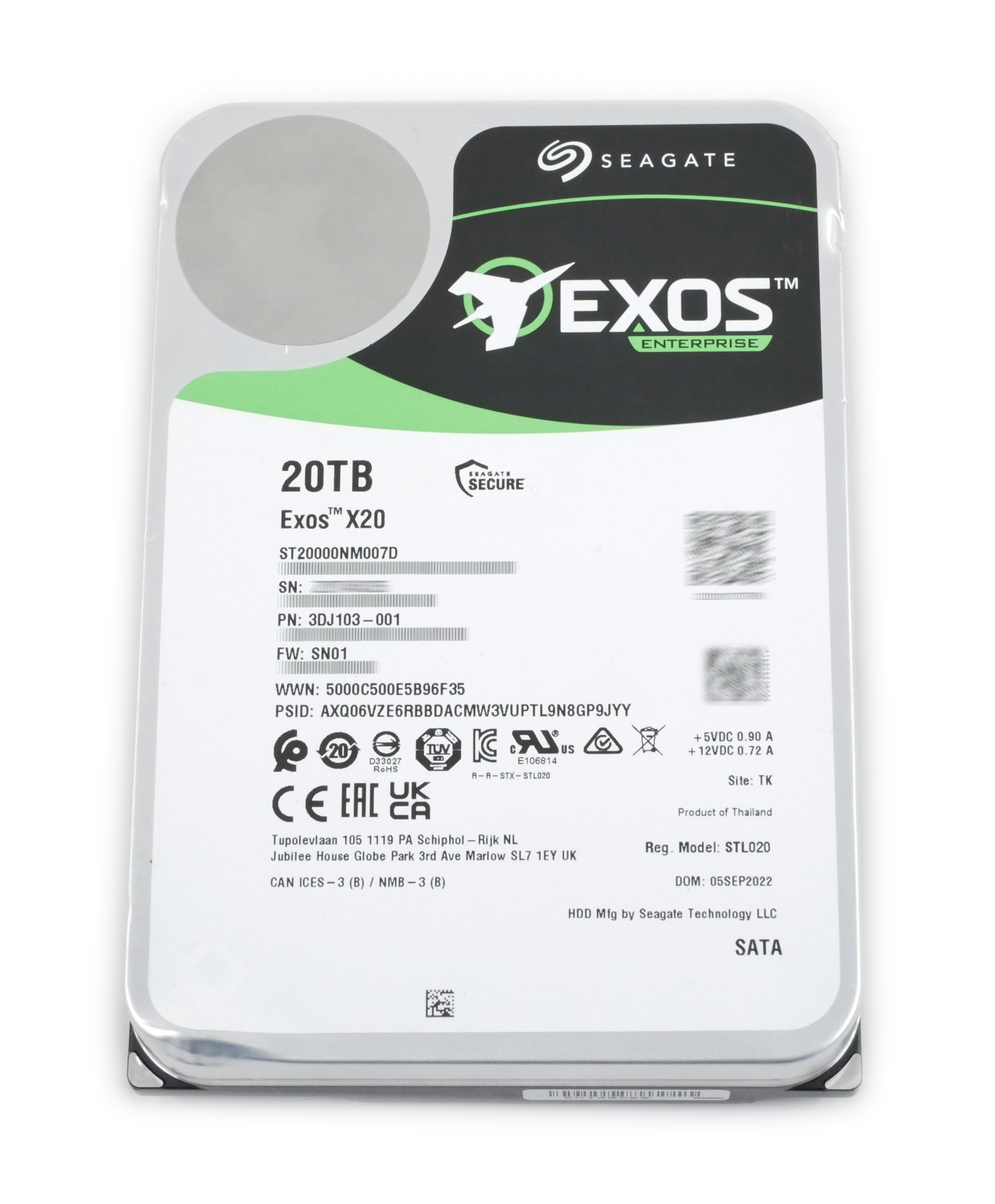 Seagate Exos X20 Enterprise 20TB ST20000NM007D SATA 6Gb/s 3.5" 3DJ103-001