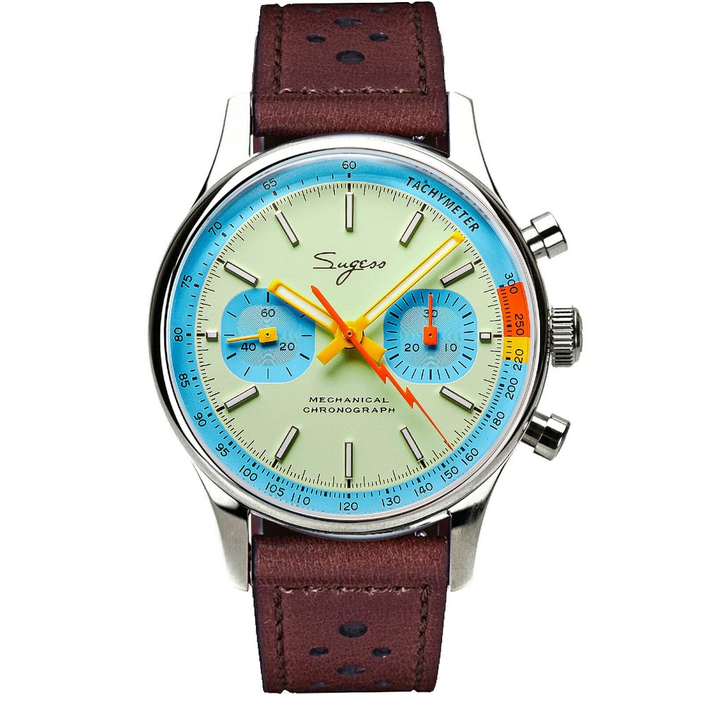 Sugess Chrono Heritage S387.01.Mens Chronograph Watch Teal Blue Panda 3 Straps