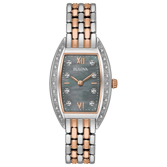 Bulova Tonneau Two-Tone Black Mother of Pearl Dial Ladies Watch 98R232