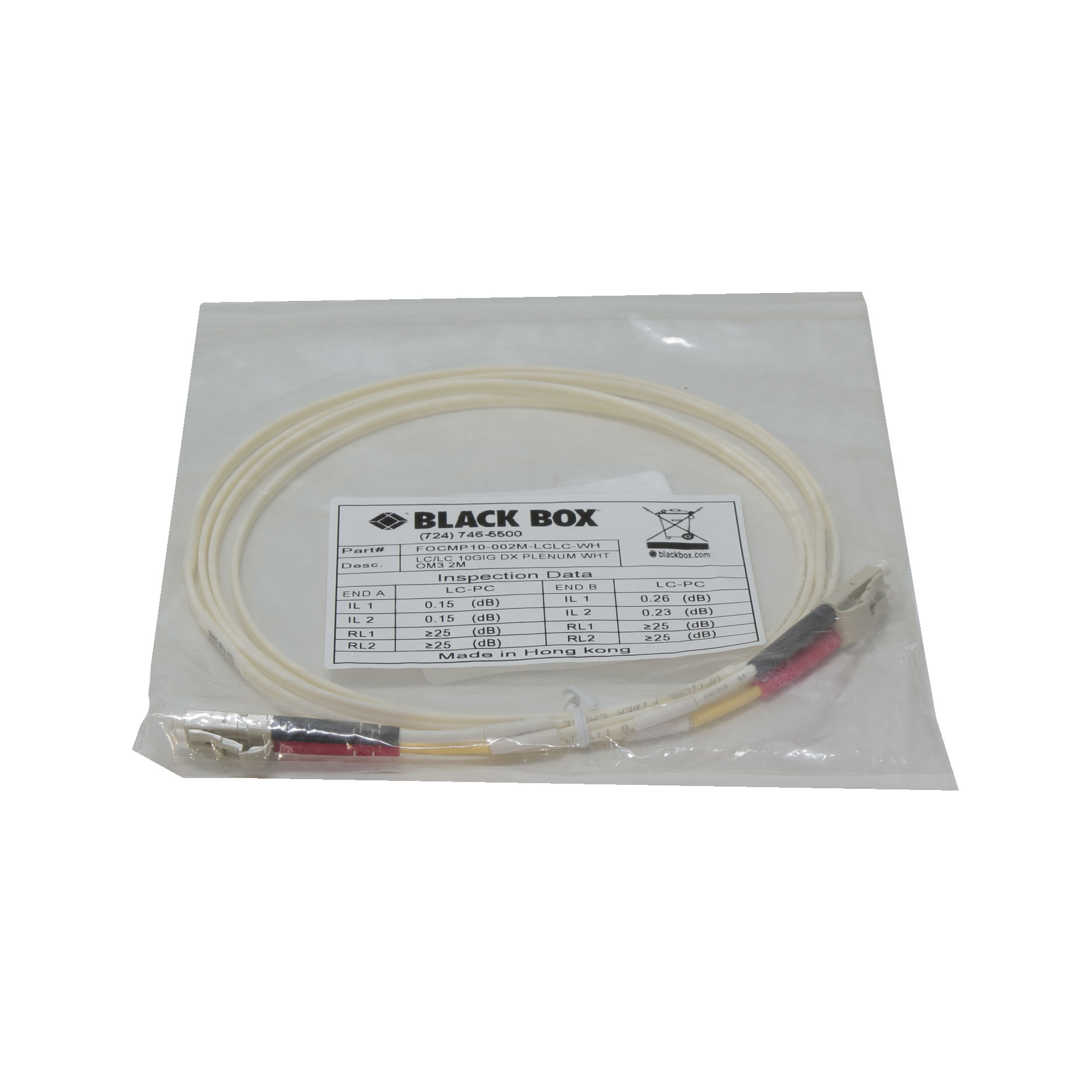 FOCMP10-002M-LCLC-WH OM3 50-Micron Multimode Fiber Optic Patch