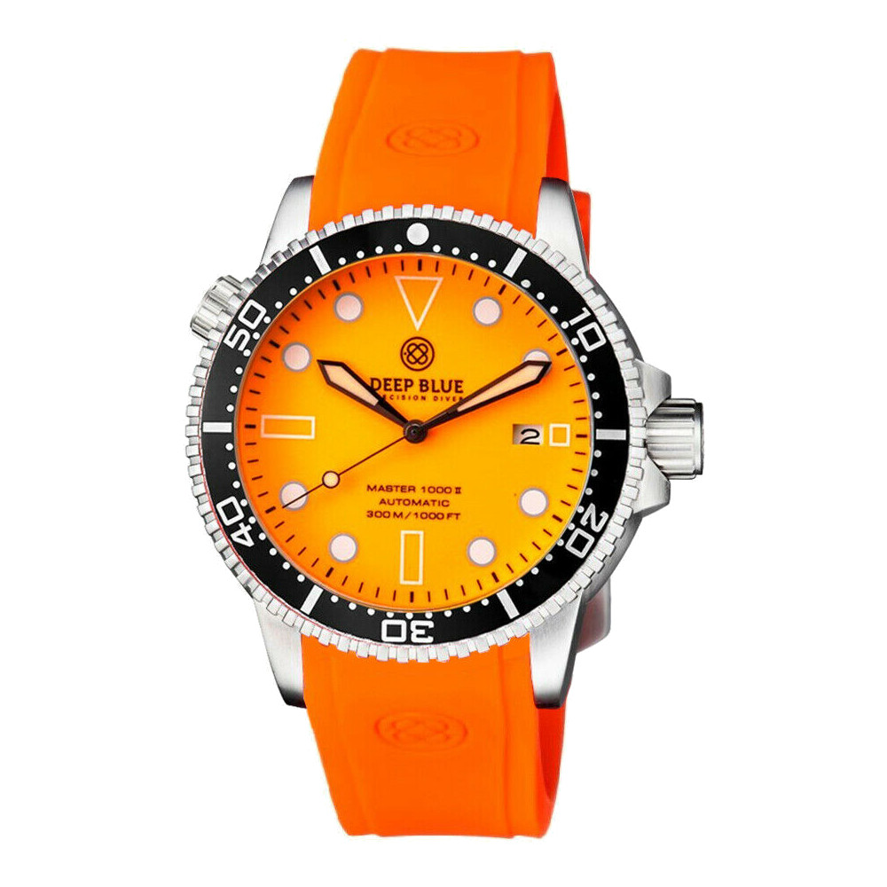 Deep Blue Master 1000 II 44mm Automatic Diver Watch Black Ceramic Bezel/Full Luminous Orange Dial/Orange Silicone Band