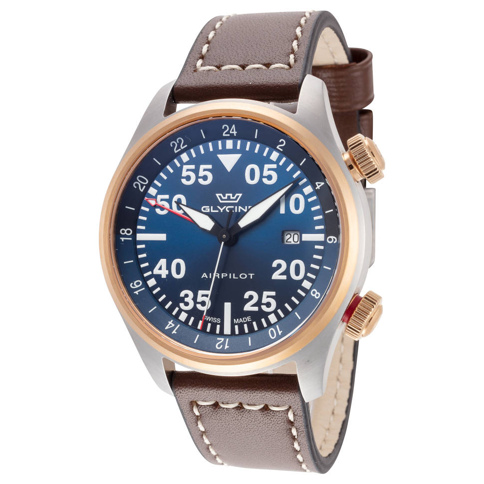 Glycine Airpilot GMT Swiss Men's Watch Blue Dial / Leather Strap GL0352