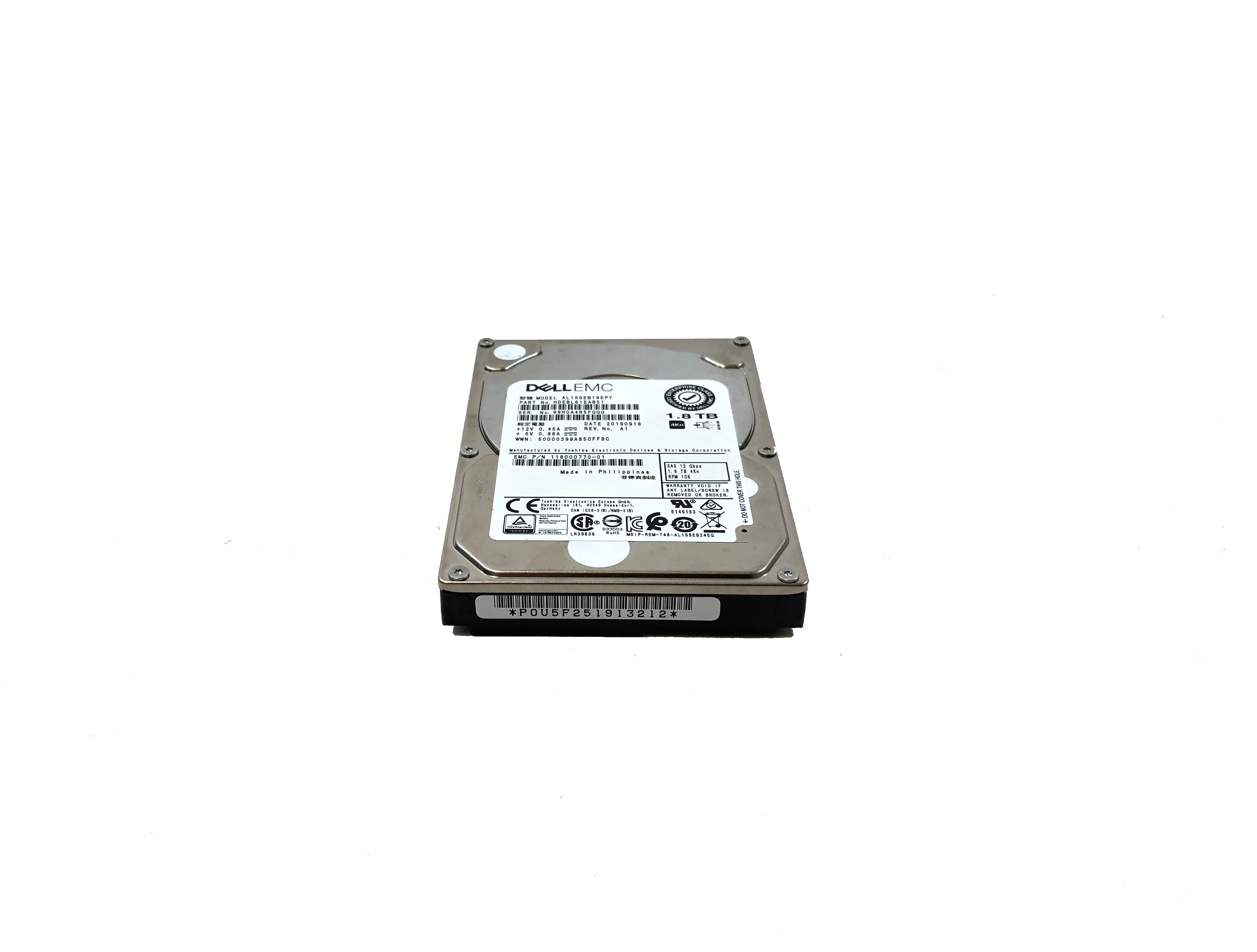 Dell EMC Toshiba 1.8Tb AL15SEB18EPY SAS 12Gb/s 2.5" 10K RPM 128Mb Cache 4Kn SIE 118000770-01 005053142 W/O Tray