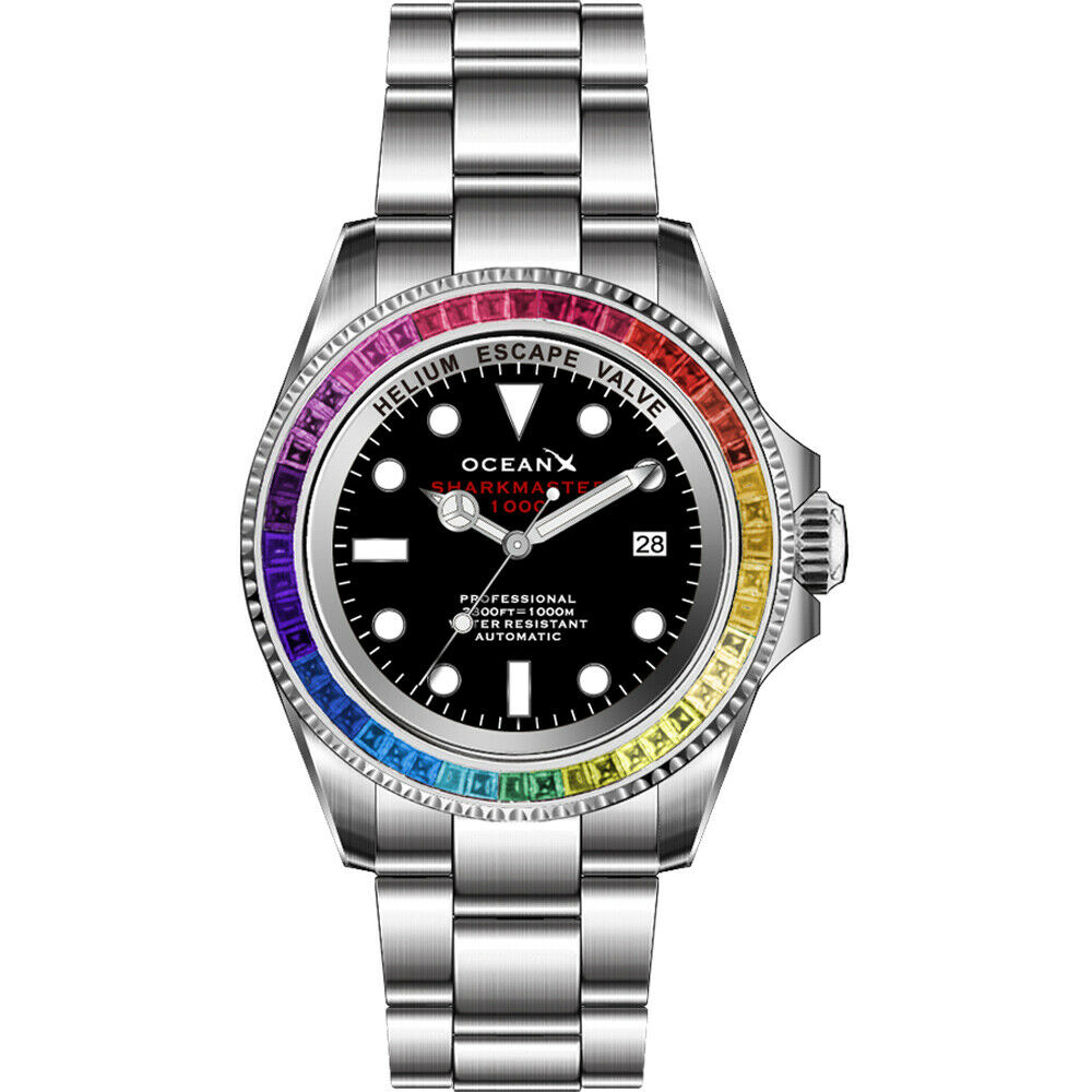 OceanX Sharkmaster 1000 Rainbow Automatic Men's Diver Watch 44mm Black Dial SMS1045 Limited Edition