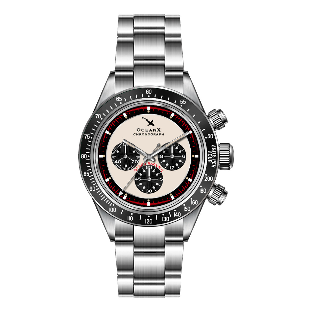 OceanX Speed Racer II Men's Watch 41.5mm WR 200m Bezel Steel & Black Ceramic Dial Cream SRS212