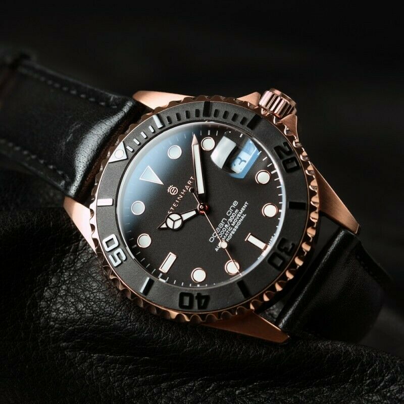 Steinhart Ocean One PINK GOLD Ceramic Bezel Automatic Swiss Dive Watch 103-0746 Black Leather Strap