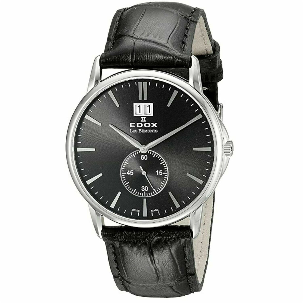 Edox Les Bemonts Black Luxury Swiss Men's Dress Watch 64012-3-NIN Leather Strap