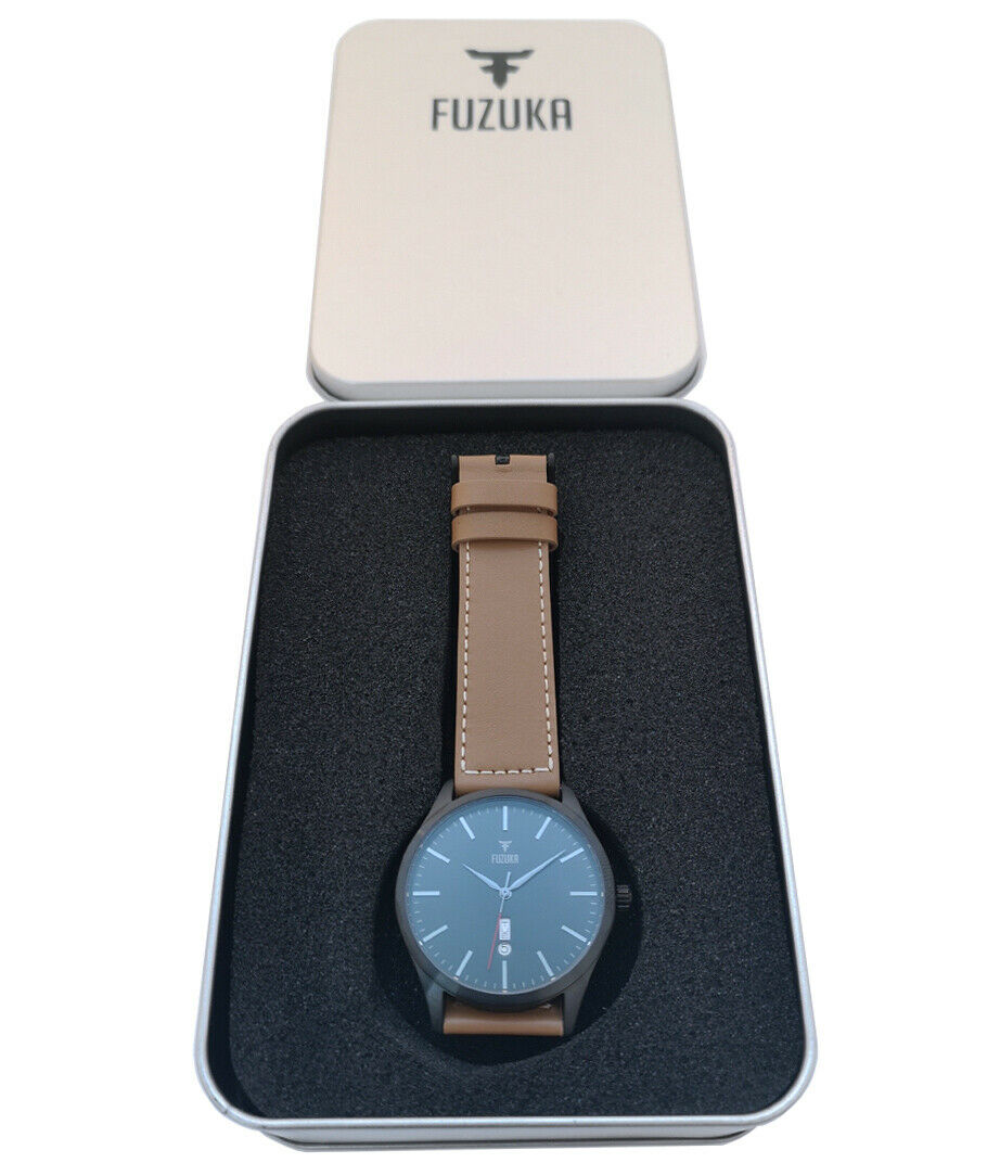 Fuzuka Brushed Black Gun Metal Tan Leather Japanese Ladies Youth Unisex Watch