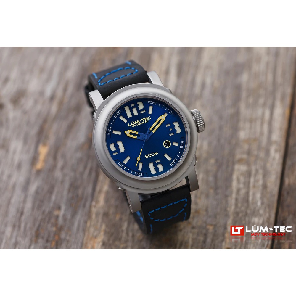 Lum-Tec 600M-2 Men Watch 48mm Automatic Navy Blue Dial Black Leather 600m WR